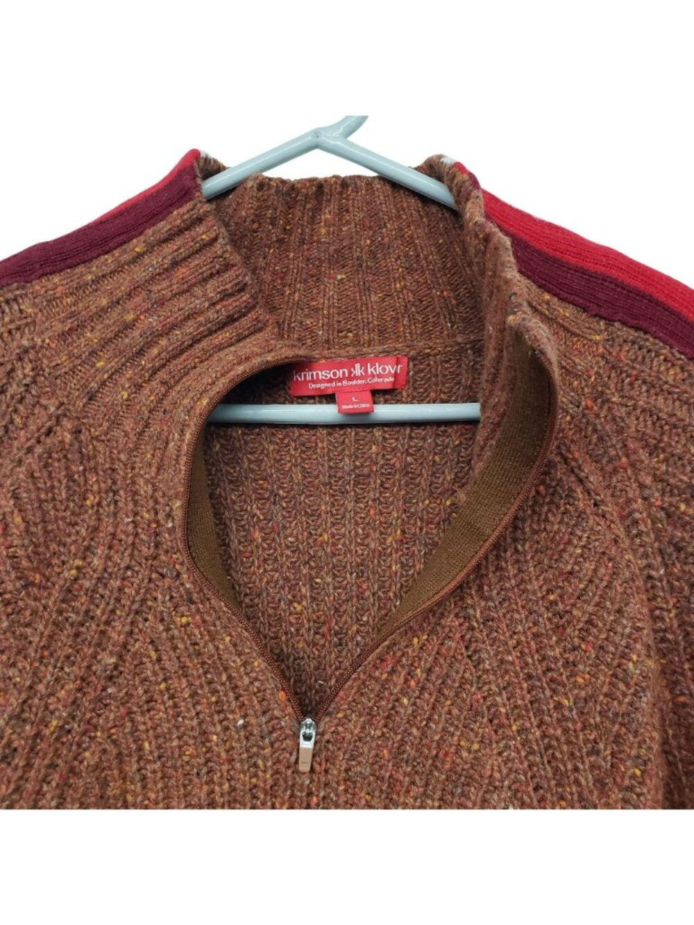 Krimson Klover Brown Cable Knit Sweater Stripe Sleeve Thumbholes Half Zip L - Picture 4 of 13